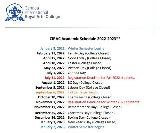 Canada International Royal Arts College Academic Schedule 2022-2023