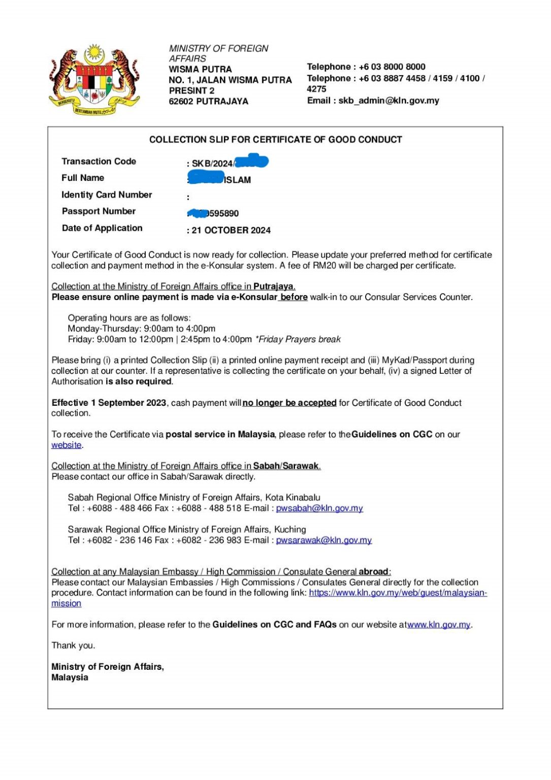Certificate of Good Conduct (Malaysia Police Clearance Certificate)