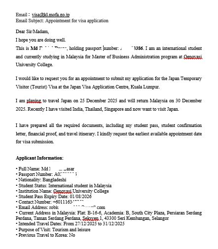 Japan Embassy Appointment Email Format Sample